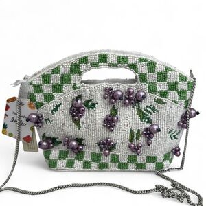 Made in India beaded purse with purple grapes and green checkered pattern